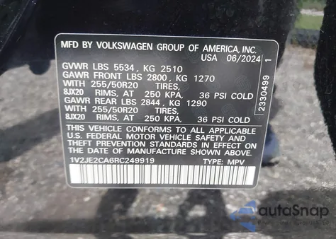 2024 Volkswagen Atlas Cross Sport 2.0T Se W/Technology из США, поврежденный, VIN 1V2JE2CA6RC249919